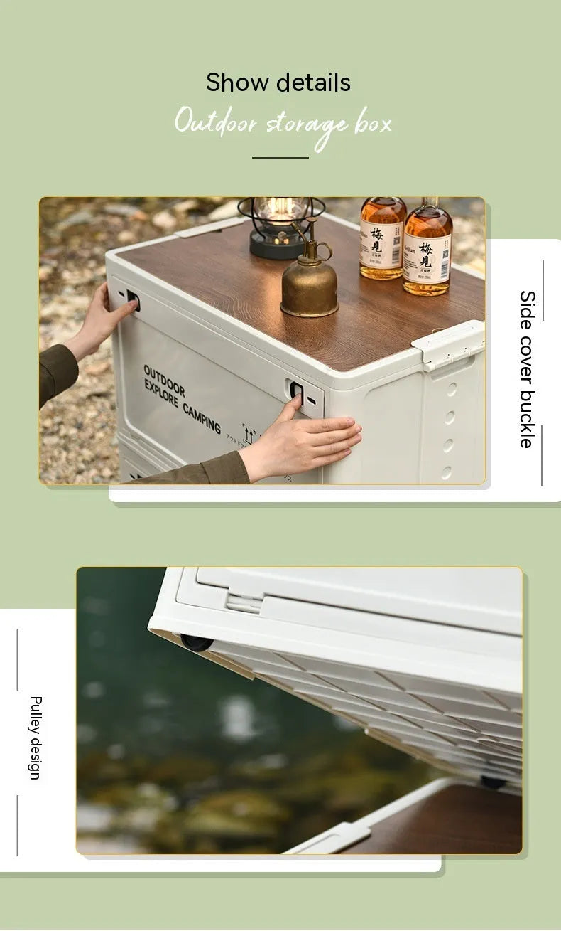 Large white foldable plastic storage box with a wooden lid, shown open and closed.