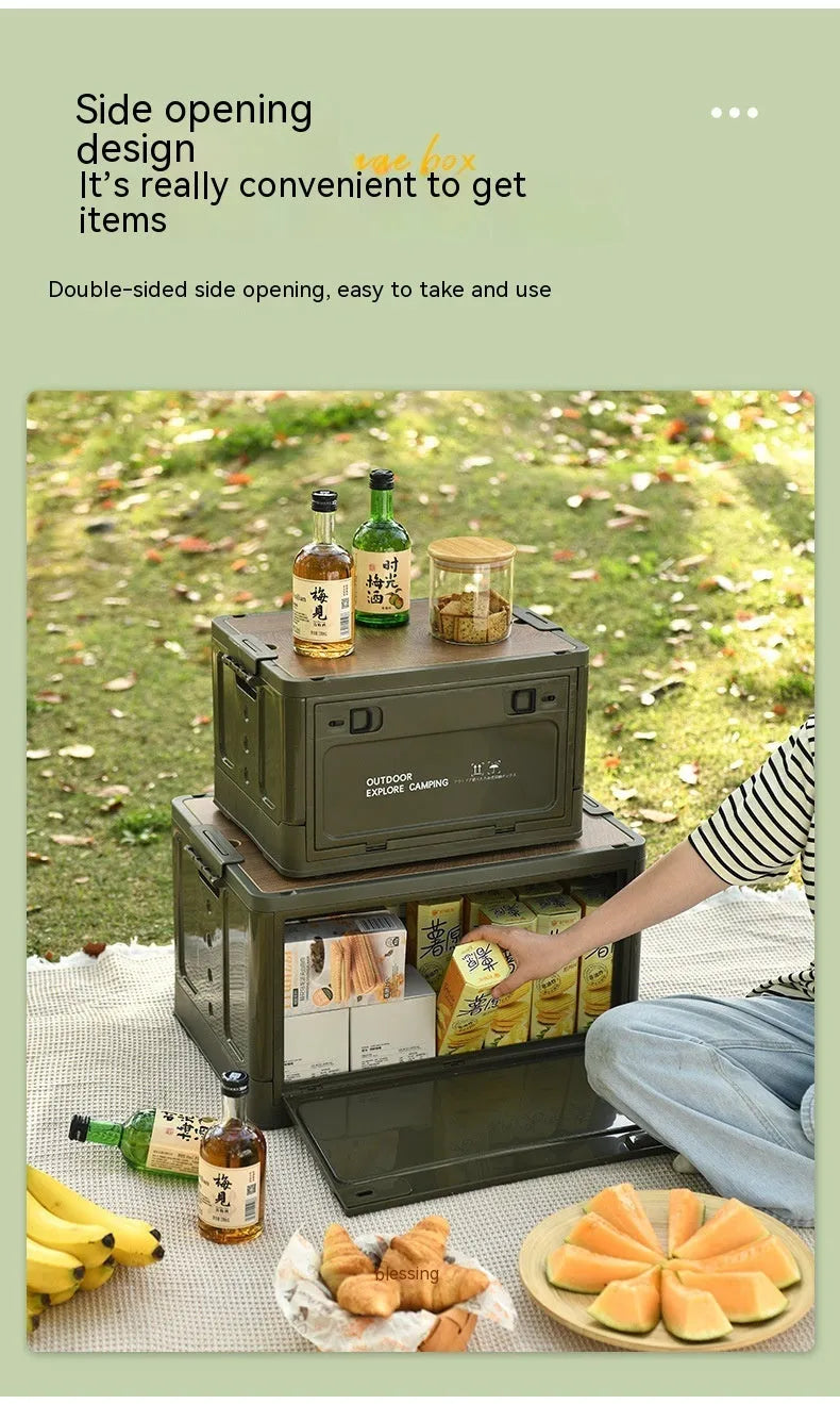 Large white foldable plastic storage box with a wooden lid, shown open and closed.