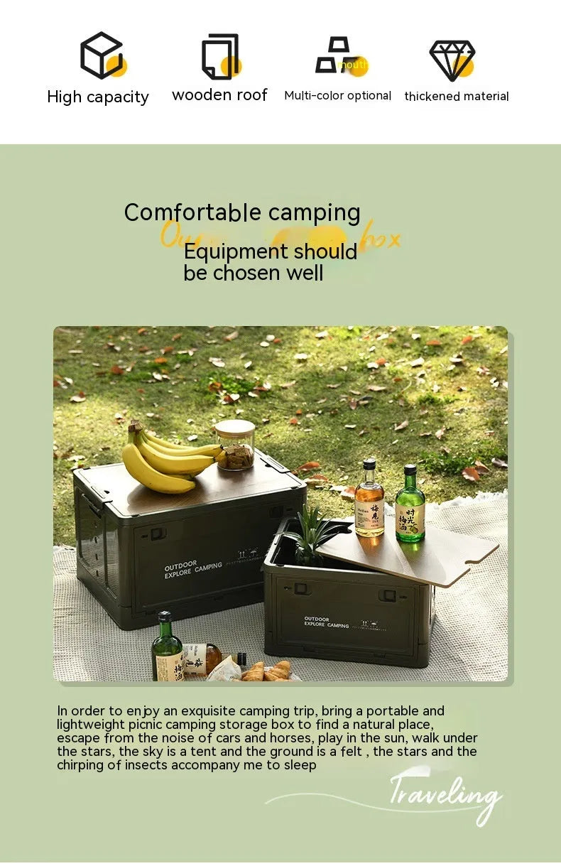 Large white foldable plastic storage box with a wooden lid, shown open and closed.