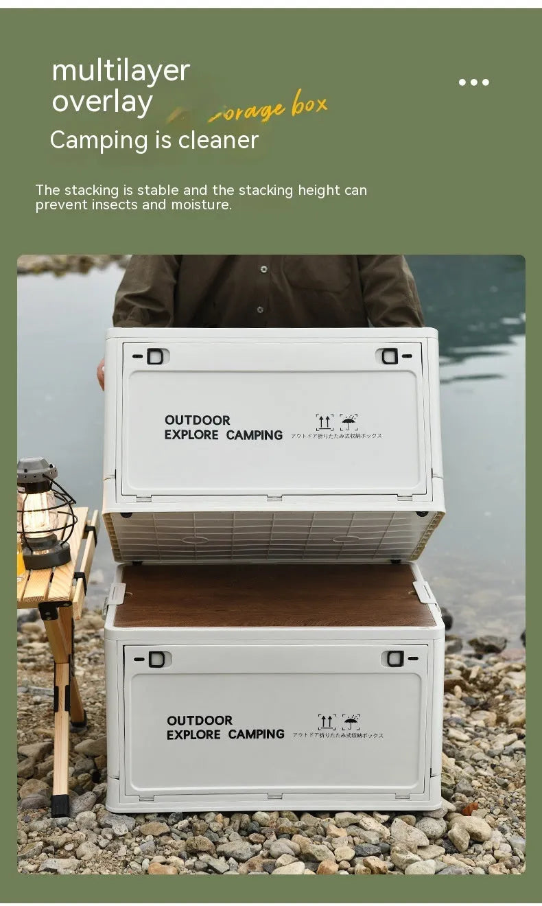 Large white foldable plastic storage box with a wooden lid, shown open and closed.