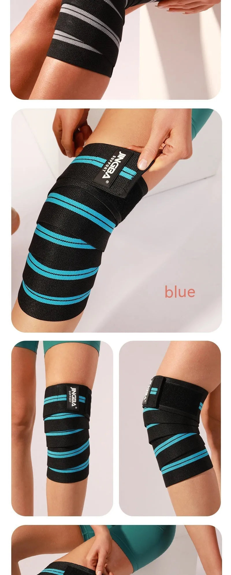 Adult adjustable knee pads for sports like weightlifting and cycling, shown in blue, red, yellow, and grey colour options.
