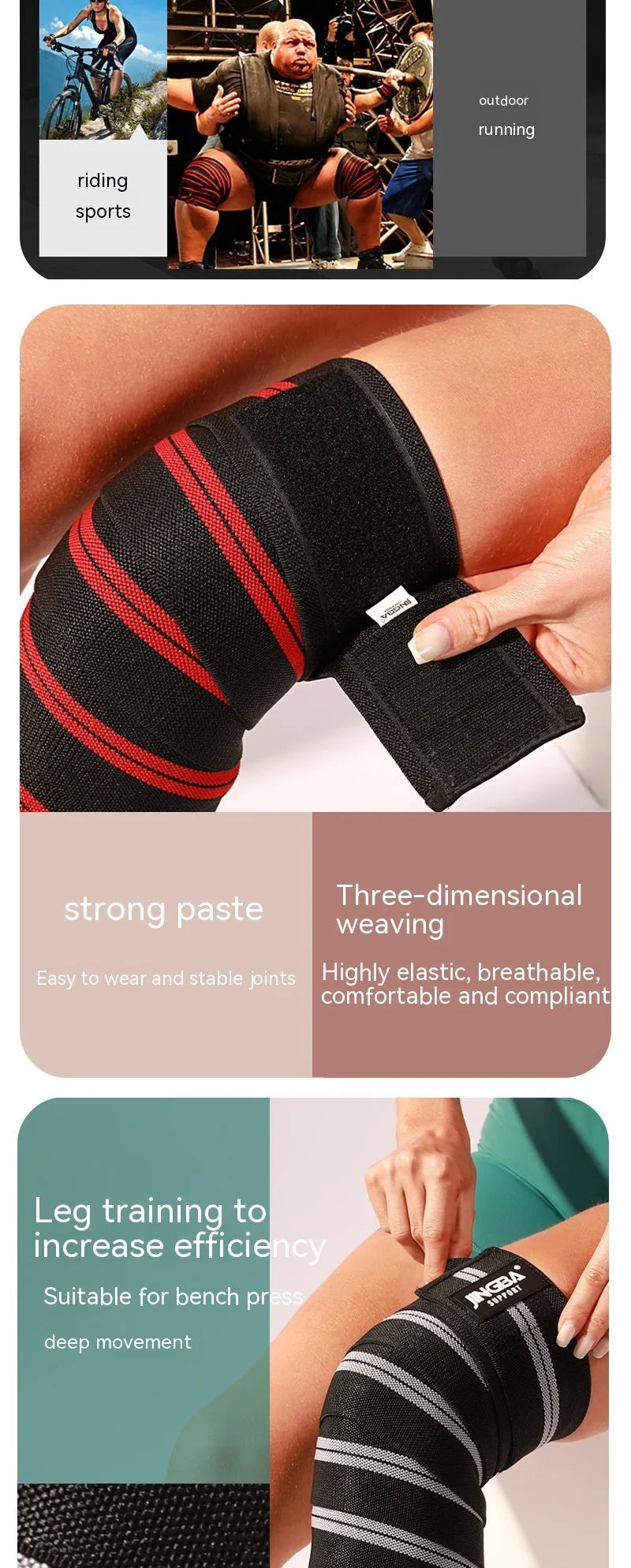 Adult adjustable knee pads for sports like weightlifting and cycling, shown in blue, red, yellow, and grey colour options.