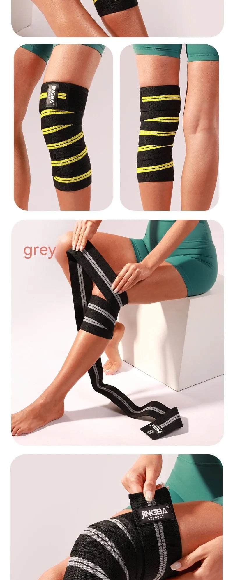 Adult adjustable knee pads for sports like weightlifting and cycling, shown in blue, red, yellow, and grey colour options.