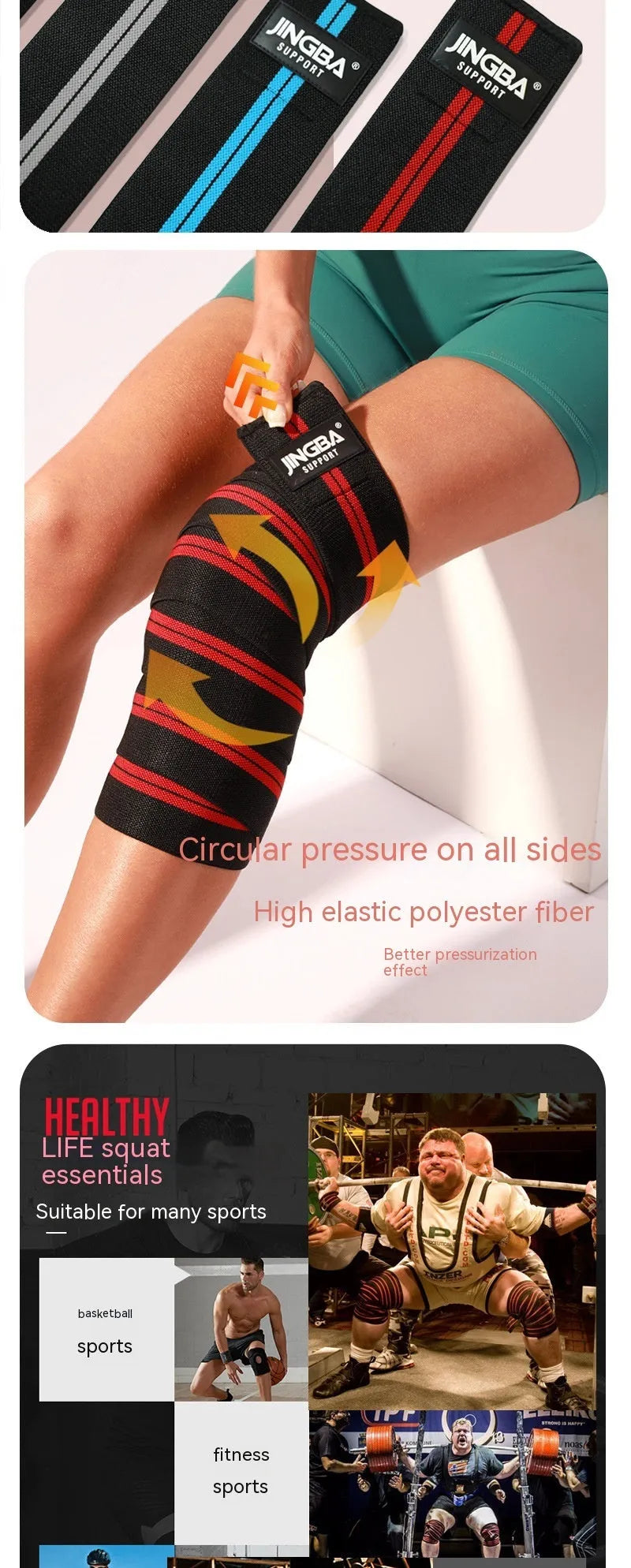 Adult adjustable knee pads for sports like weightlifting and cycling, shown in blue, red, yellow, and grey colour options.
