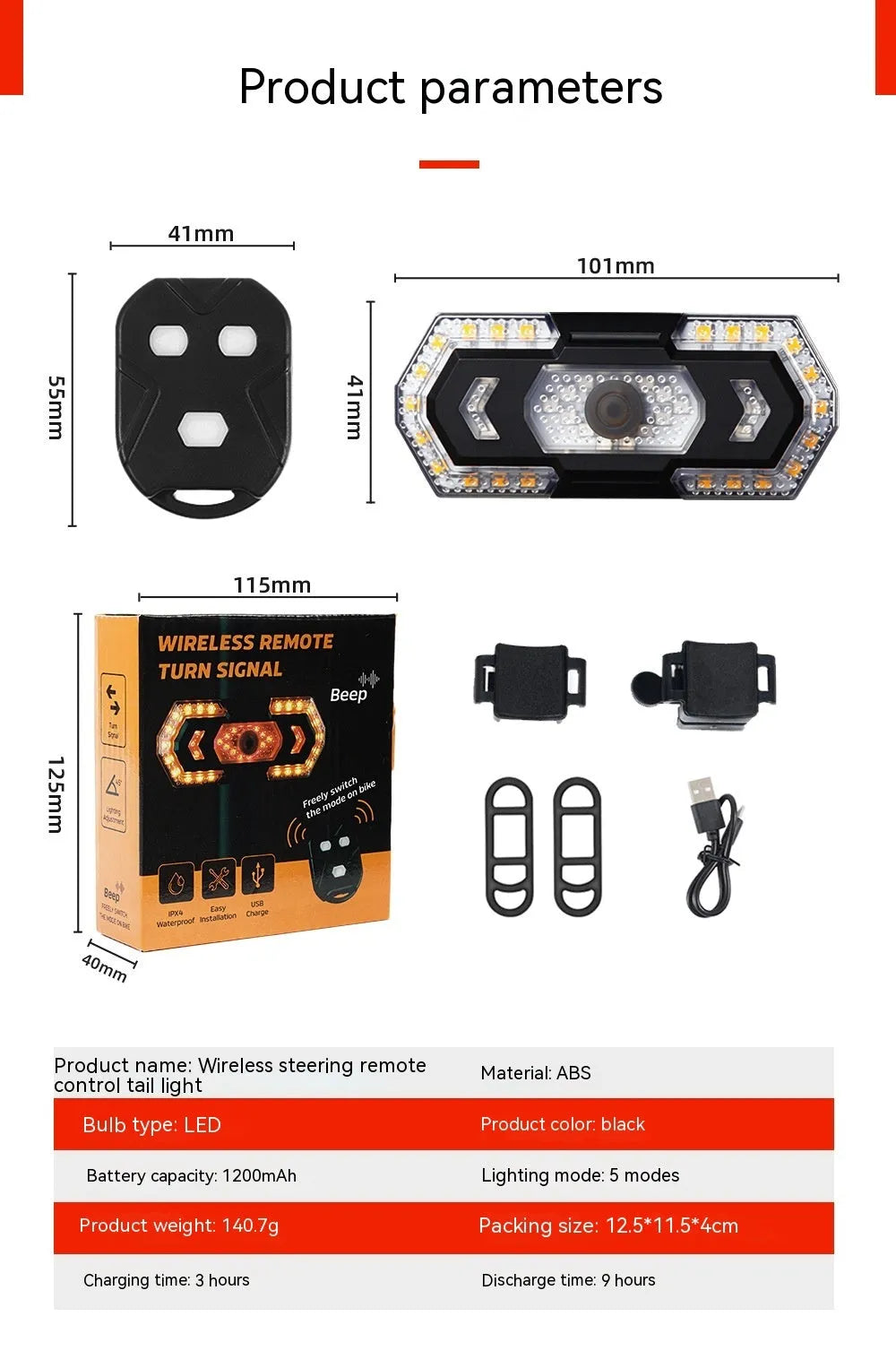 Black wireless remote control car indicator lights with USB charging port