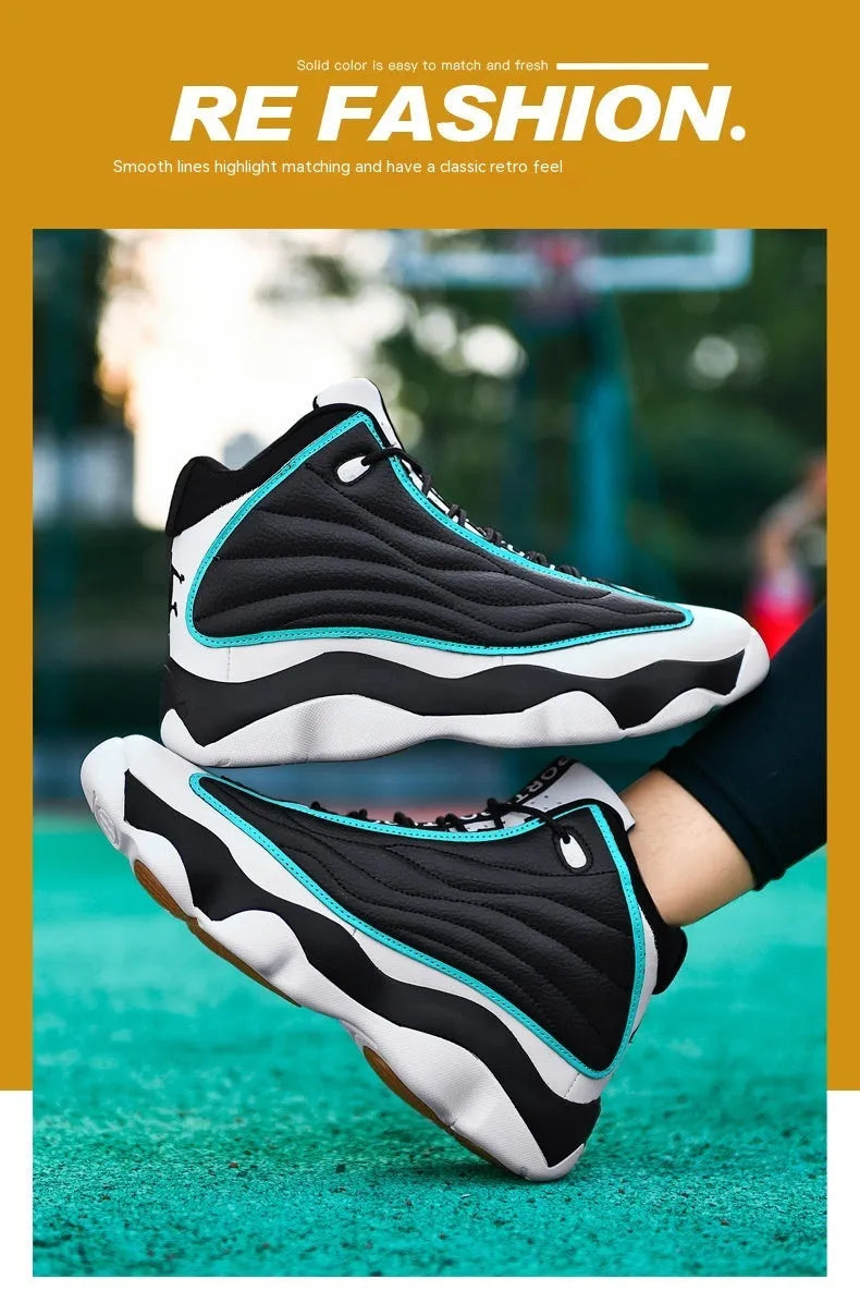 Men's high-top mesh basketball shoes in AJ13 white red colour with thick rubber sole.