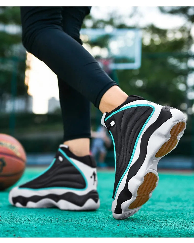 Men's high-top mesh basketball shoes in AJ13 white red colour with thick rubber sole.