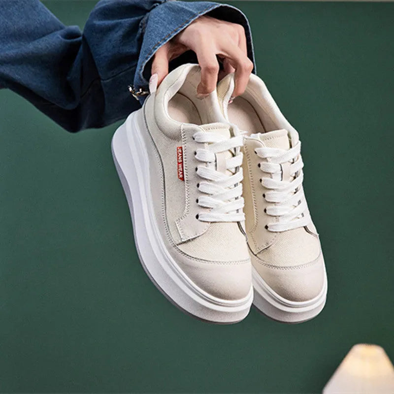 Women's beige and pink cowhide leather casual shoes with thick soles for height increase.