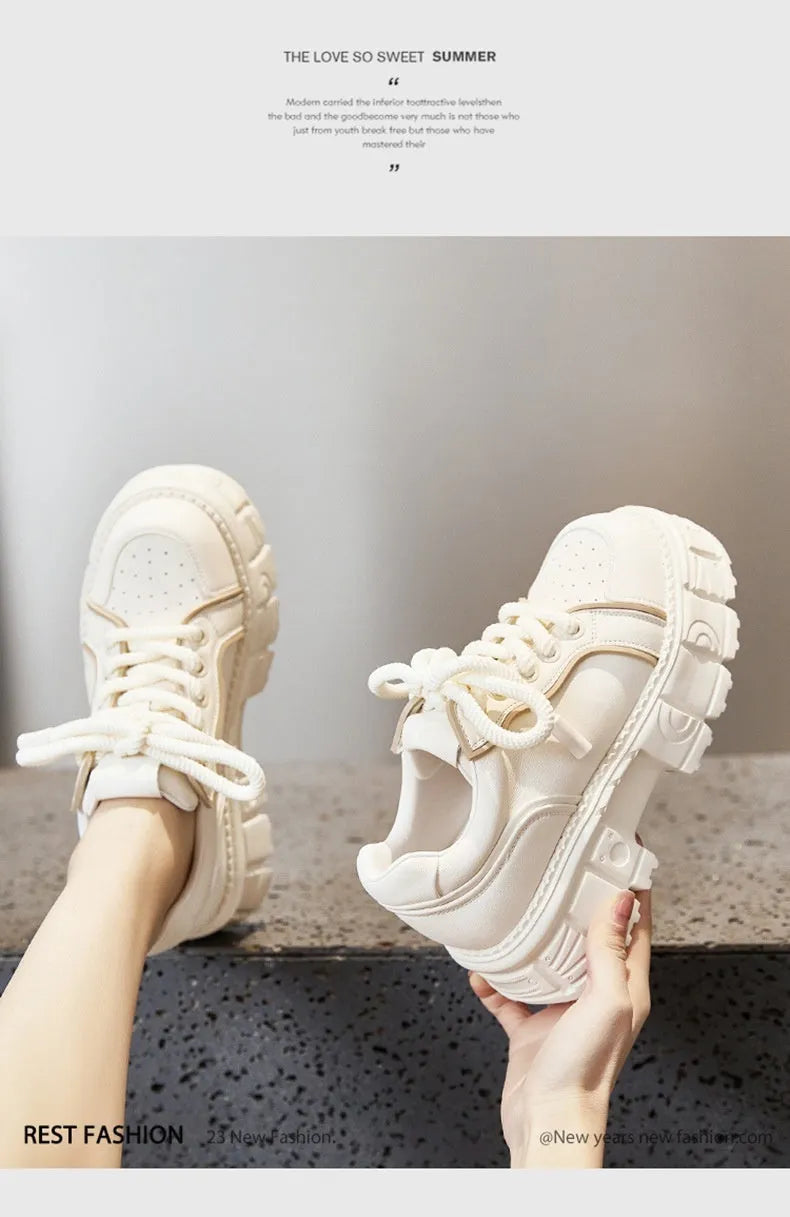 Women's beige muffin bottom casual leather shoes with foam rubber sole