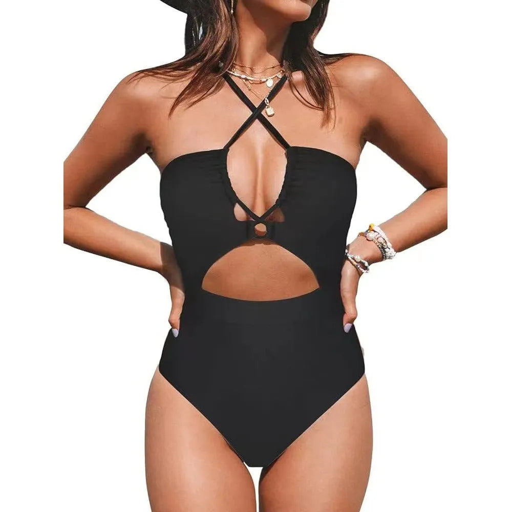 Women's solid colour backless one-piece swimsuit on a hanger, showing high elasticity fabric.