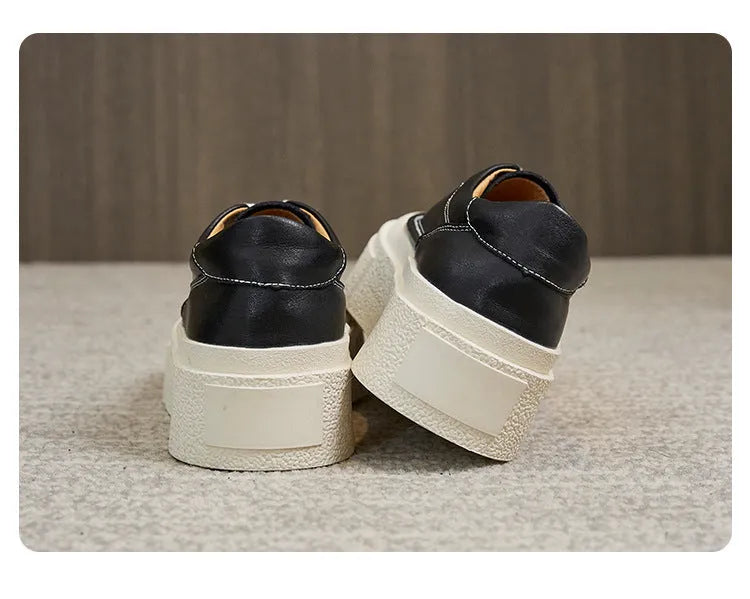 Women's black platform sports board shoes with cowhide leather upper and round toe design