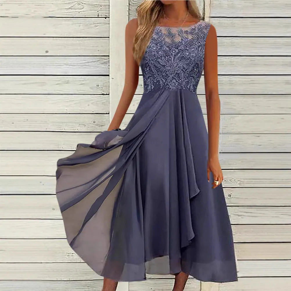 Women's sleeveless chiffon dress with lace stitching in green, purple or blue colours