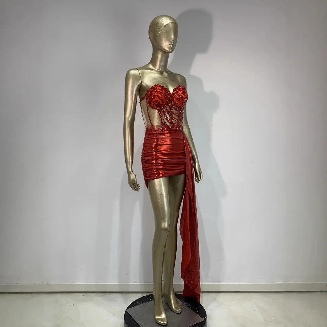 Red spandex stage costume skirt suit with mesh see-through panels for banquet performances