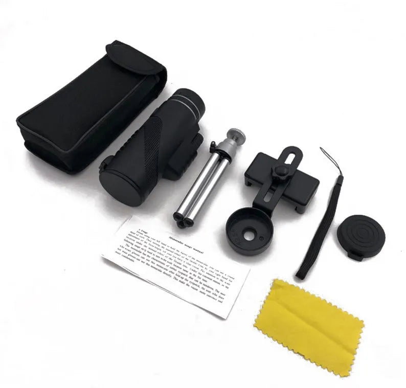 Black HD 40x60 smartphone monocular telescope with 60mm objective lens shown next to a mobile phone.