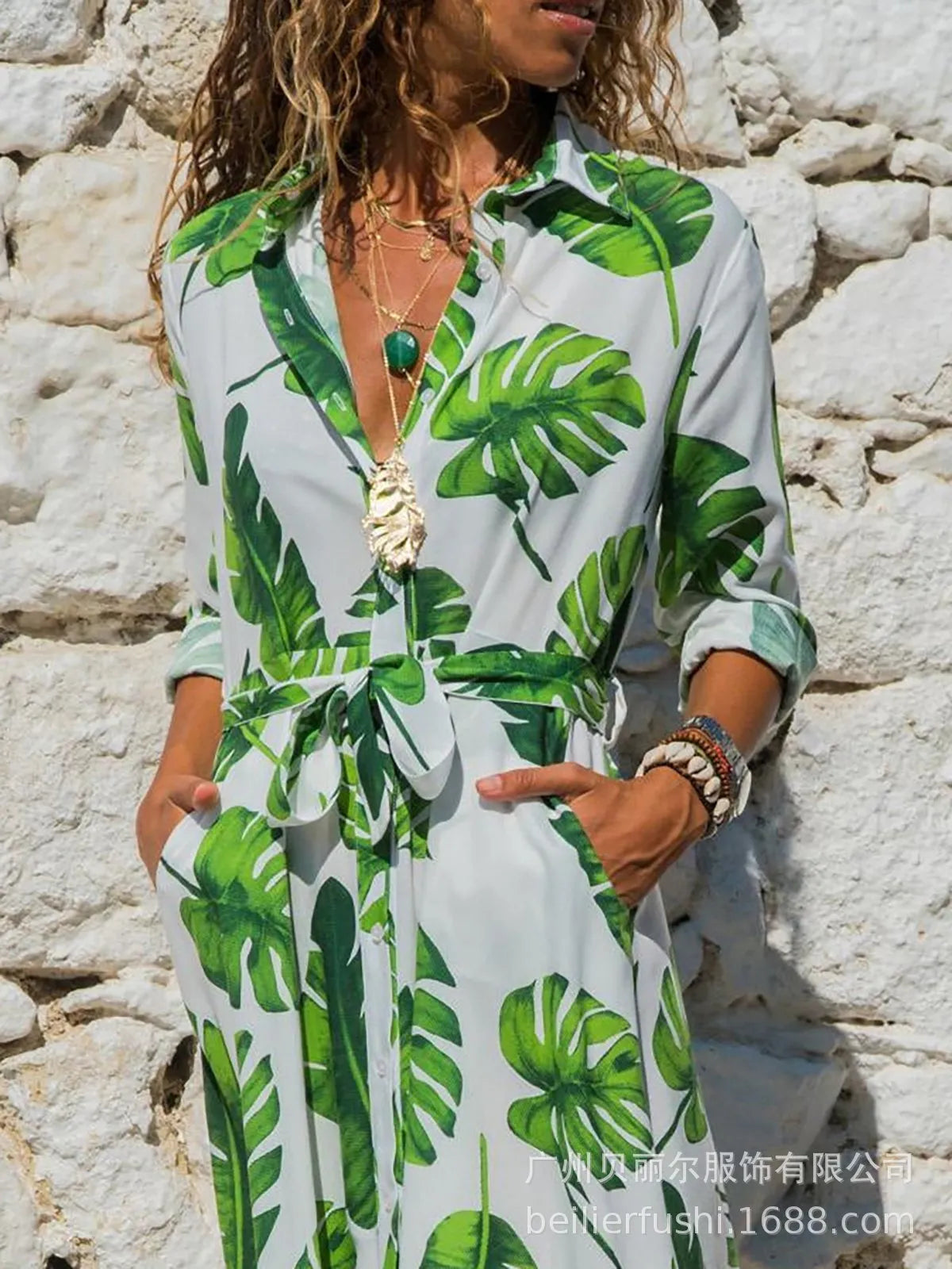 Women's vintage-inspired chiffon A-line dress with V-neck, high waist, and printed pattern.