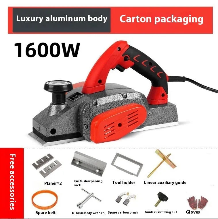 Red aluminium shell electric wood planer tool with 82mm planing width on a workbench.