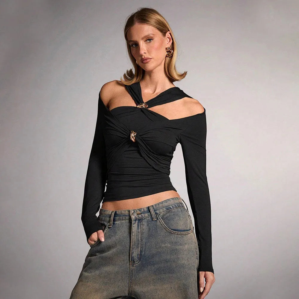 Black women's halter top with slim fit and shoulder-baring strapless design
