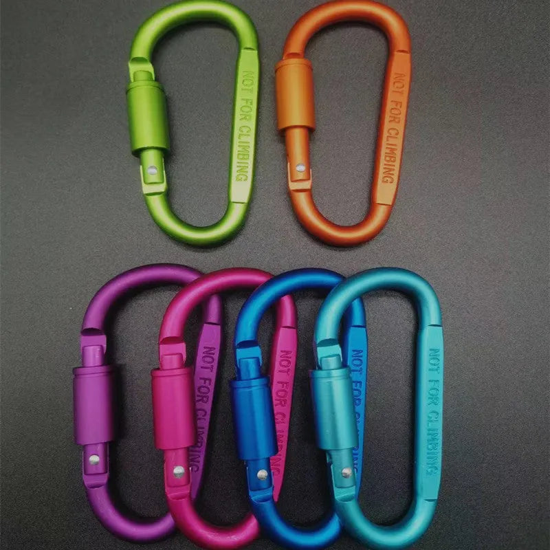 Aluminium D-type locking carabiner showing 8cm flat measurement in various colour options