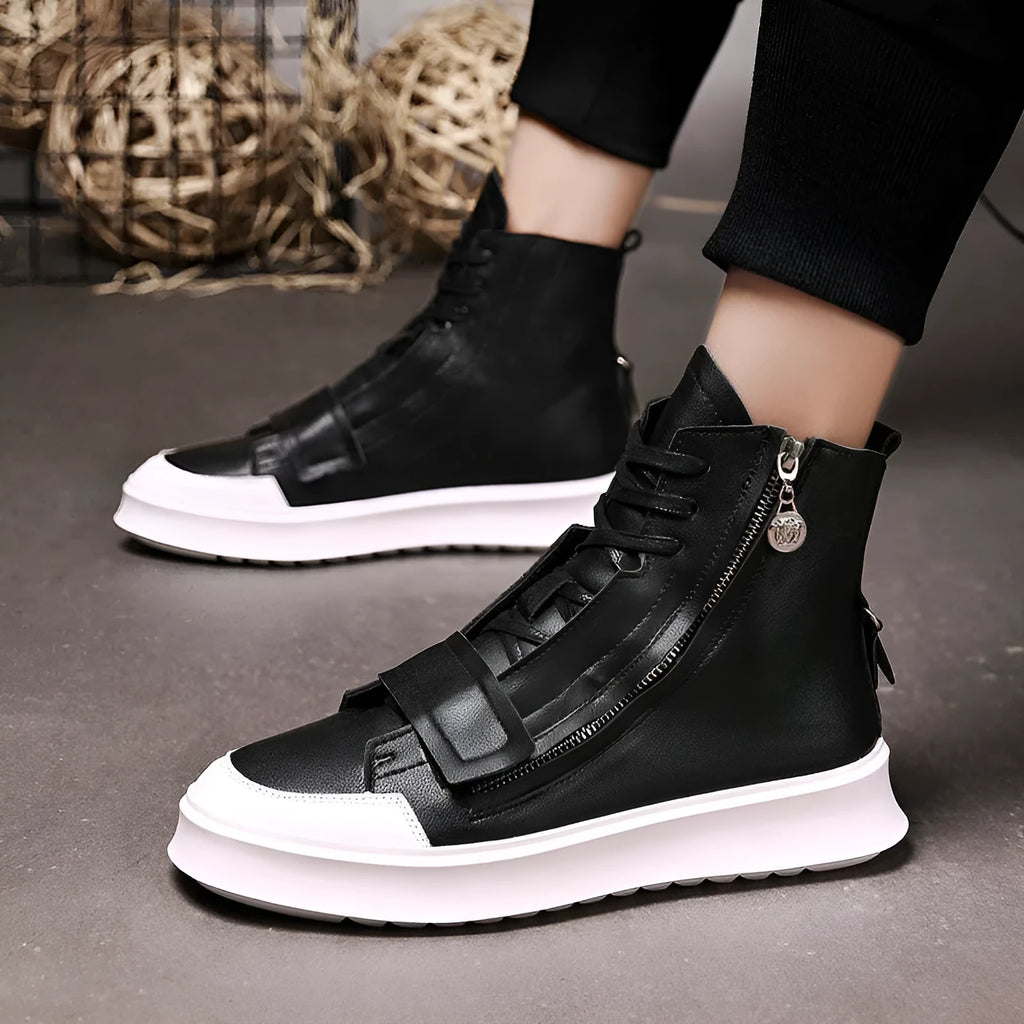 Black and white PU leather men's winter ankle boots in high-top sneaker style with size chart showing measurements from 24.0cm to 26.5cm