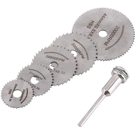 Six circular saw blades and mandrel set for woodworking with high-speed steel construction