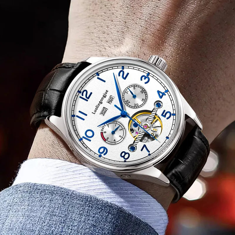 Men's stainless steel mechanical watch with sapphire crystal glass and genuine leather strap