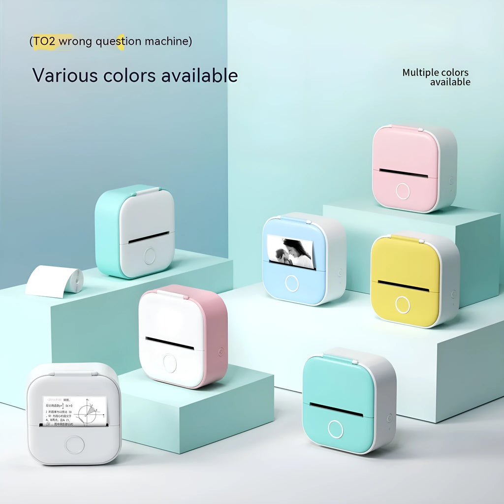 Phomemo T02 mini thermal label printer in white with Bluetooth icon and thermal paper roll, compact 87mm x 90mm x 40mm