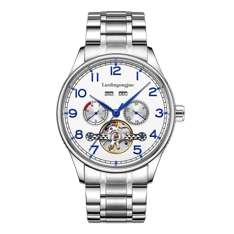Men's stainless steel mechanical watch with sapphire crystal glass and genuine leather strap