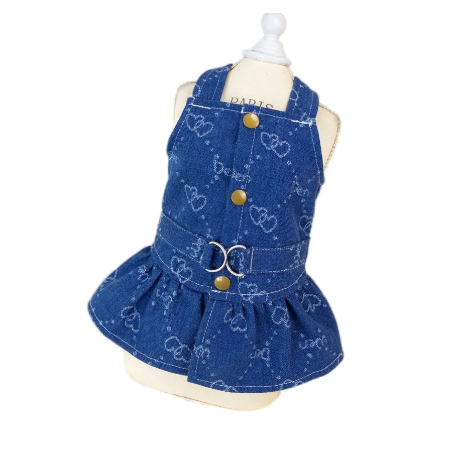 Small dog wearing denim princess dress with bracket skirt styling in blue denim fabric