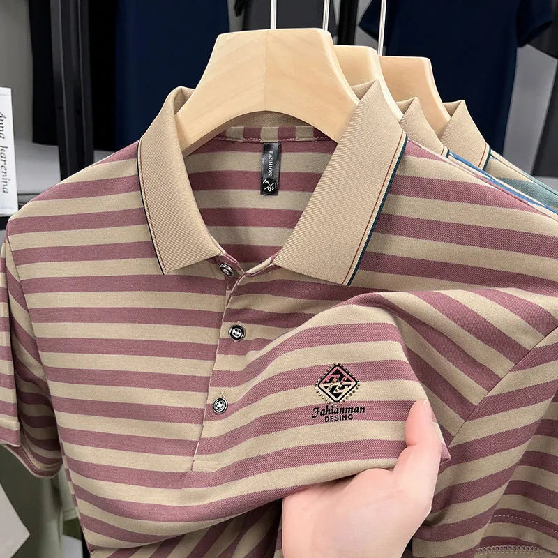 Men's red striped short sleeve t-shirt with mosaic pattern detail on a mannequin.