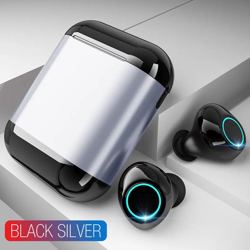 Black Bluetooth TWS wireless earbuds showing left and right independent earbuds