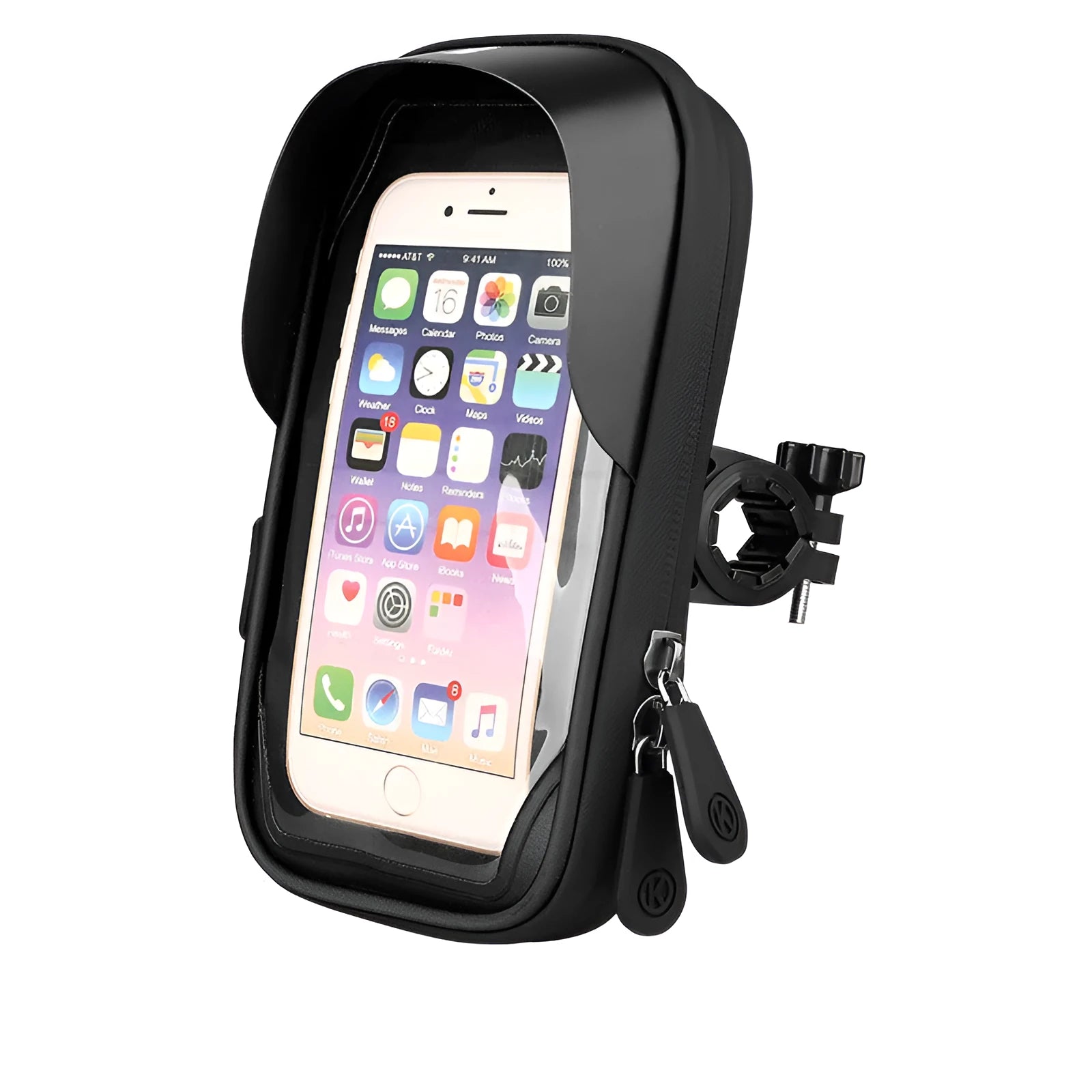 Black TPU mobile phone stand mounted on a bicycle handlebar, showing the waterproof zipper.