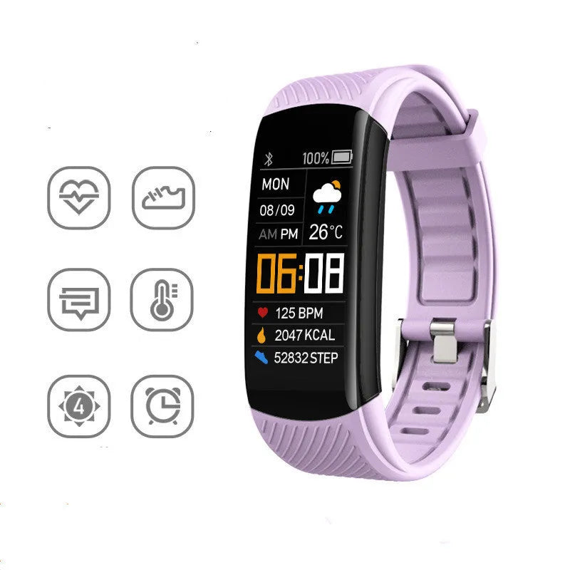 TPU sports pedometer bracelet on wrist showing 0.96-inch touch screen, available in multiple colours.
