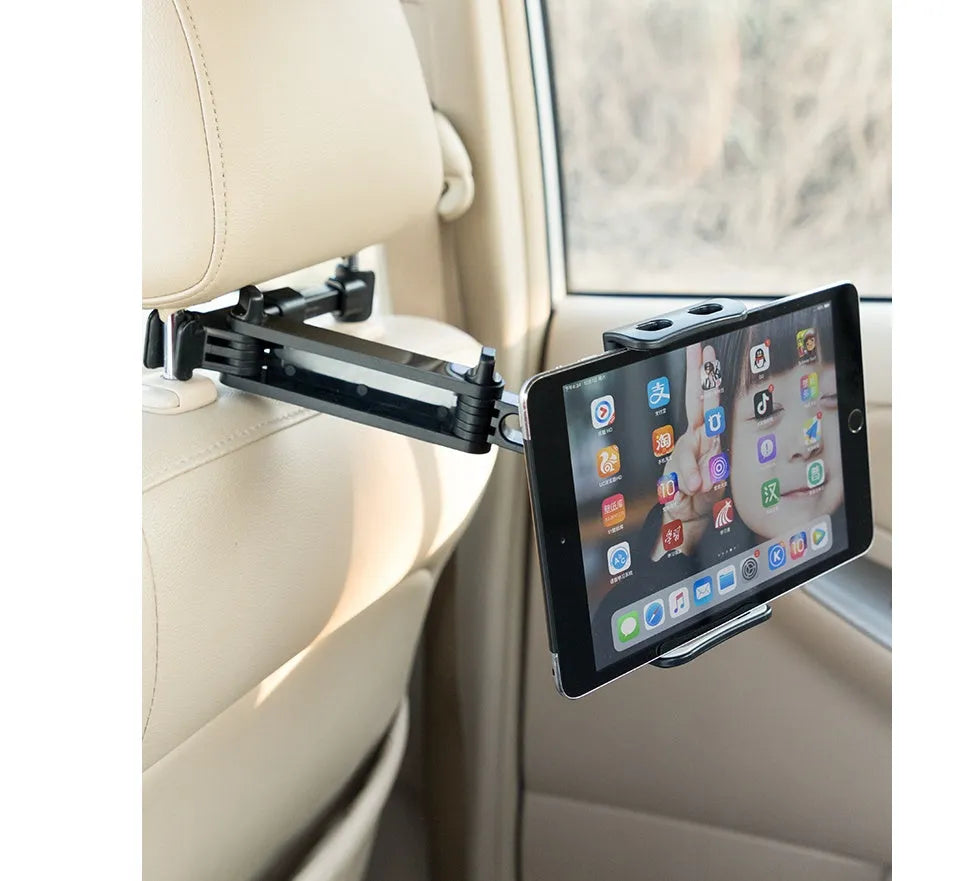 Black car phone holder mounted on vehicle rear seat for universal phone and tablet compatibility