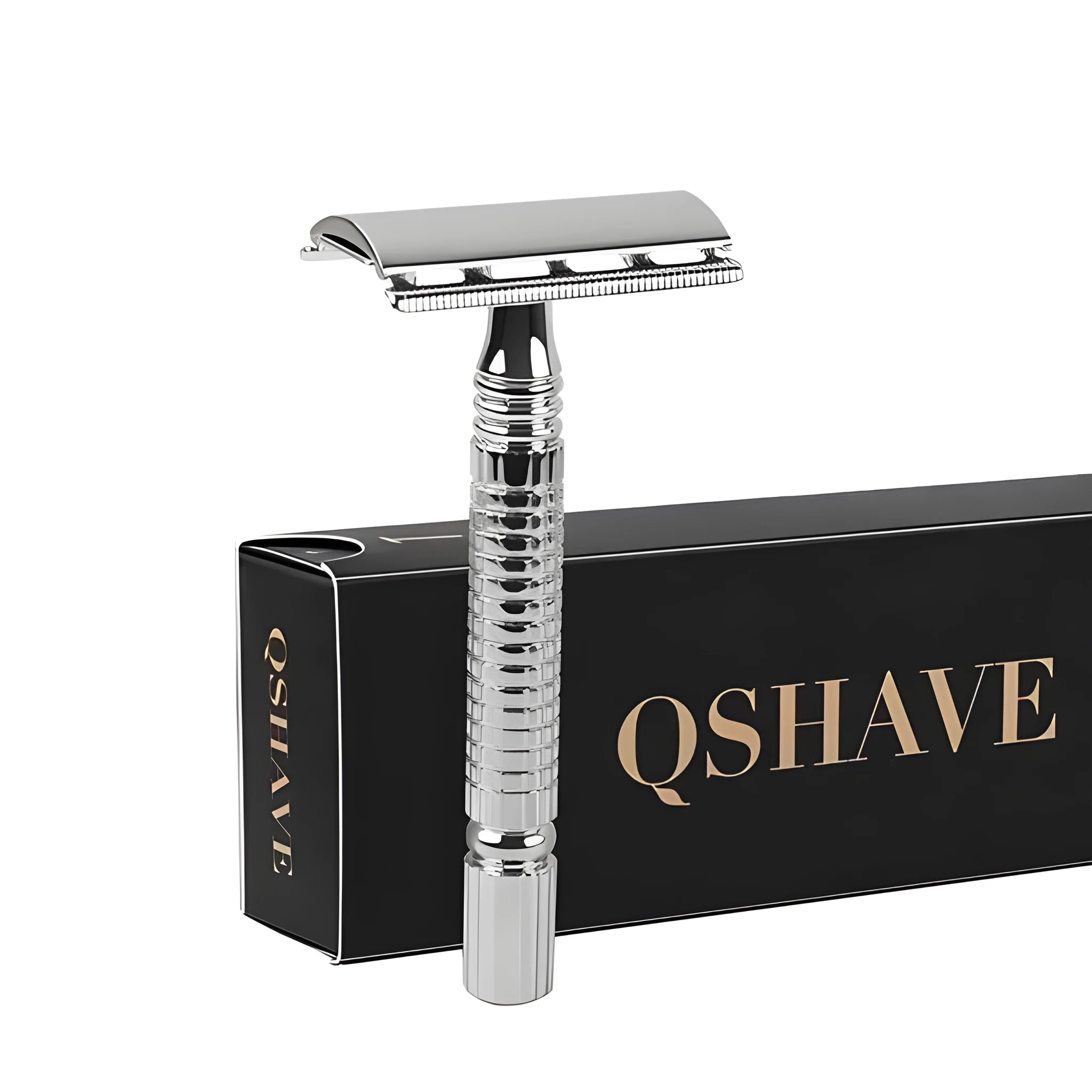 Double edged safety razor with blade and storage box on white background