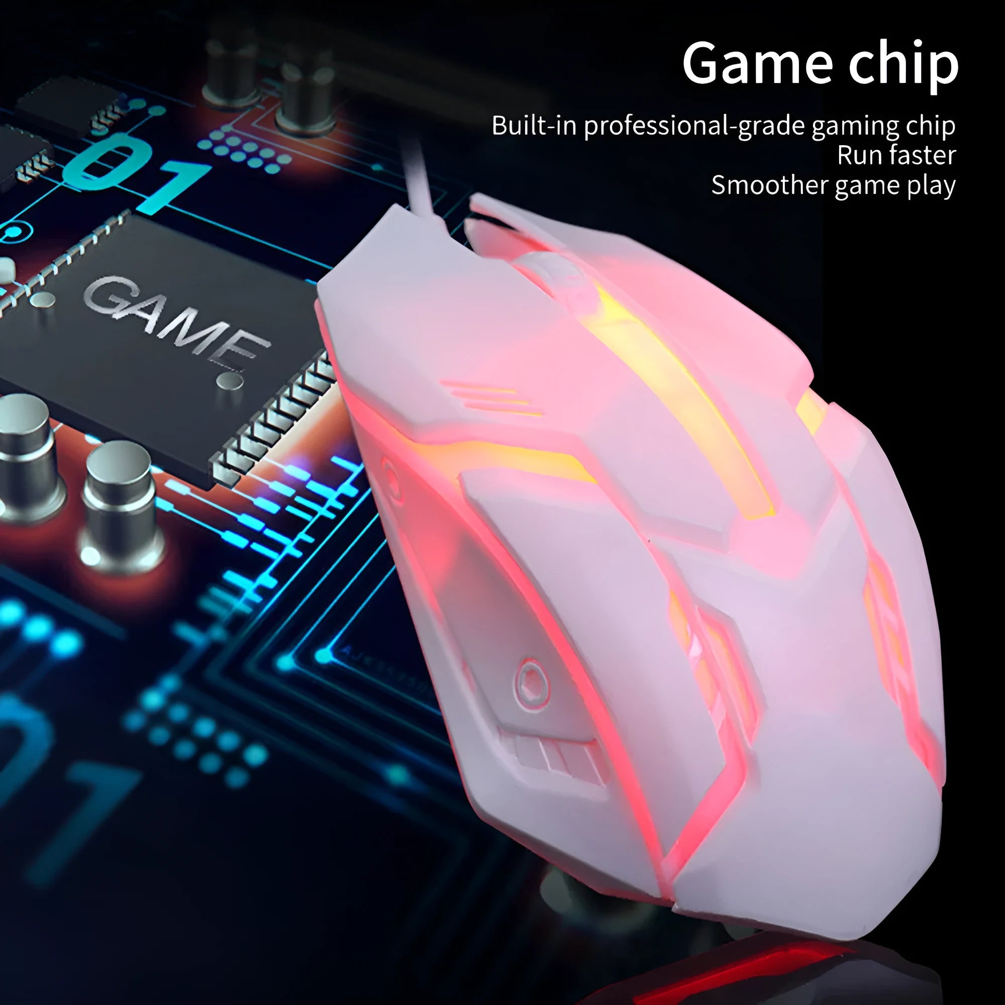 Wired computer mouse with colourful glowing illumination in black or white with USB cable