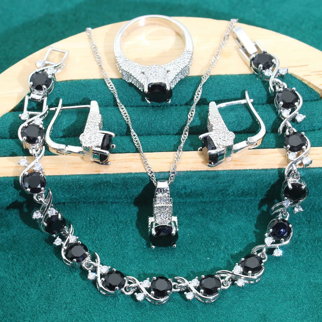 Bridal zircon jewellery set with necklace, earrings, ring and bracelet in multiple colour options