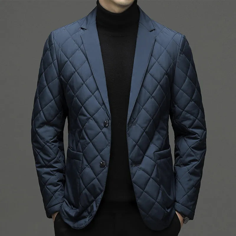 Men's solid colour lapel down jacket in cardigan style with side seam pockets.