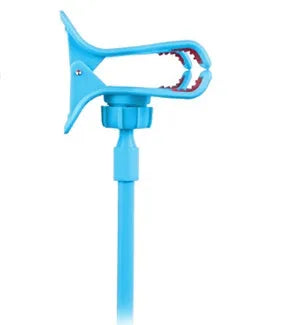 Black portable phone holder with long flexible arm and V-clip on a bedside table