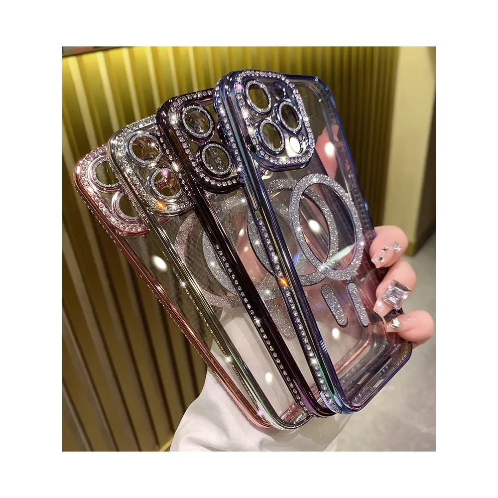 Wireless magnetic drop-resistant iPhone case in Deep Purple with electroplated accents on a soft silicone back.