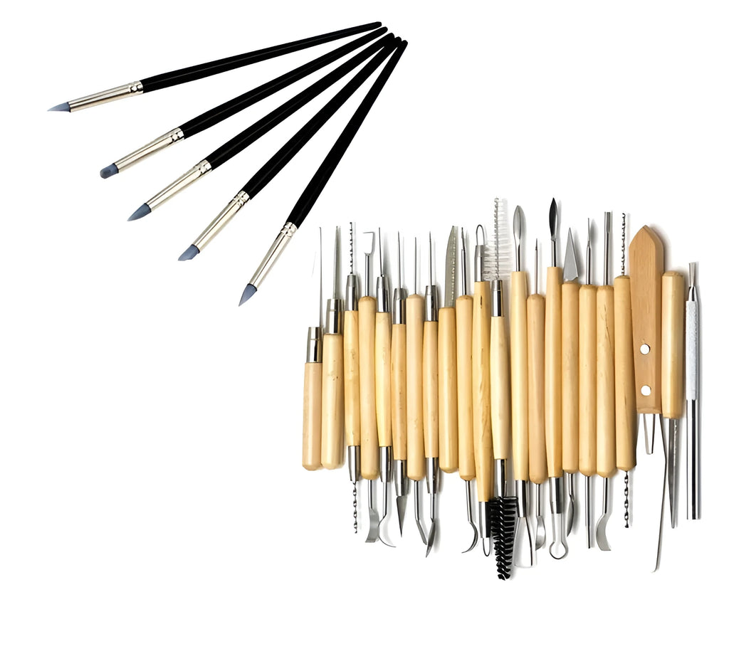 27-piece pottery clay tool set with stainless steel, wood, and plastic tools in a roll-up package