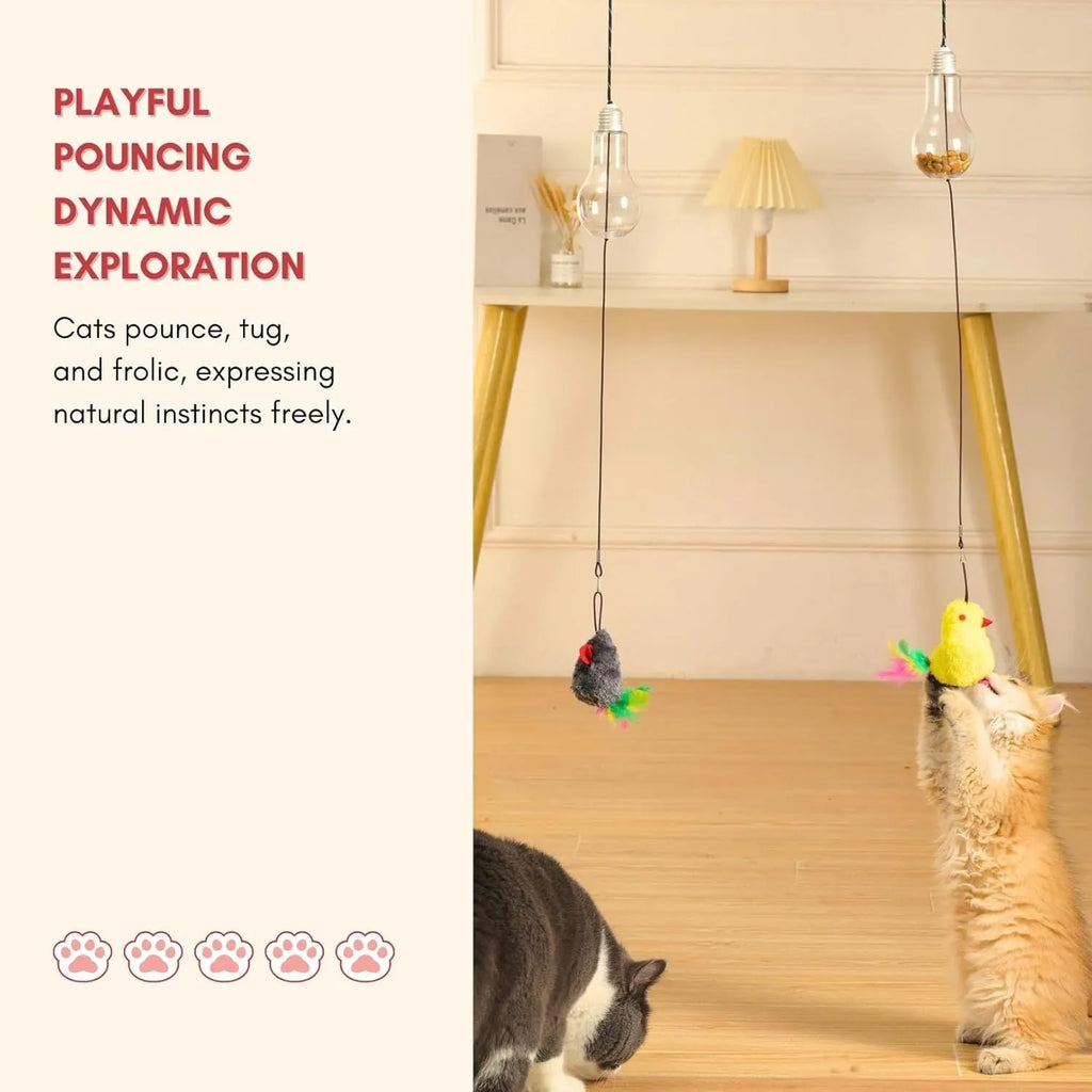 Interactive cat toy hanging from door frame with elastic rope, treat dispenser bulb, and dangling mouse accessory