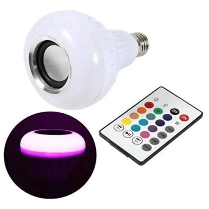 White Bluetooth speaker LED light bulb with E27 base and remote control for colour-changing mood lighting.
