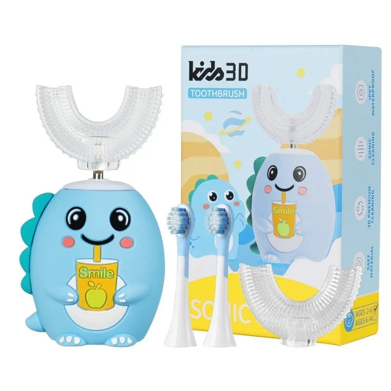 Children's cartoon dinosaur soft bristle electric toothbrush with U-shaped silicone head in green
