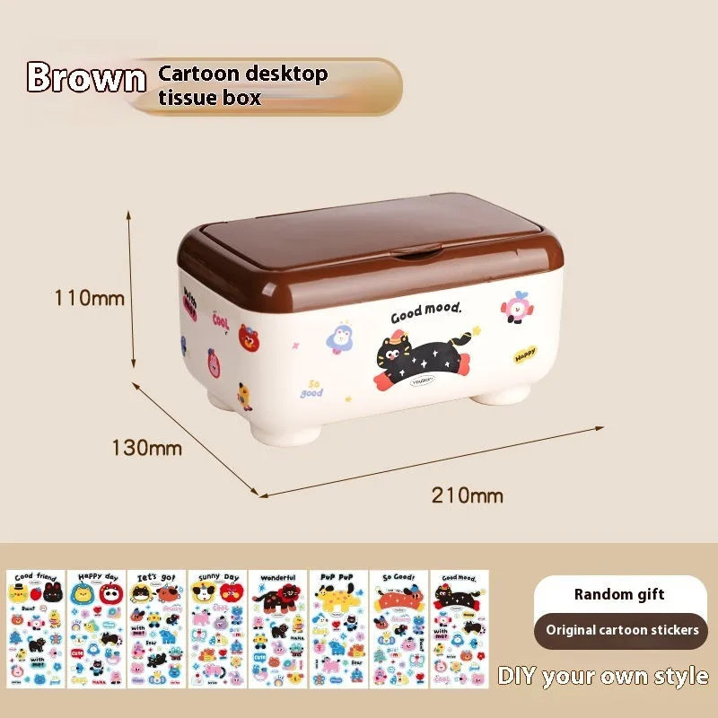 Red and brown cartoon-style desktop storage organiser with grid pattern and sticker set for labelling.