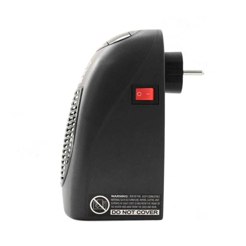 Black compact electric ceramic heater with digital display and rotating plug on desk