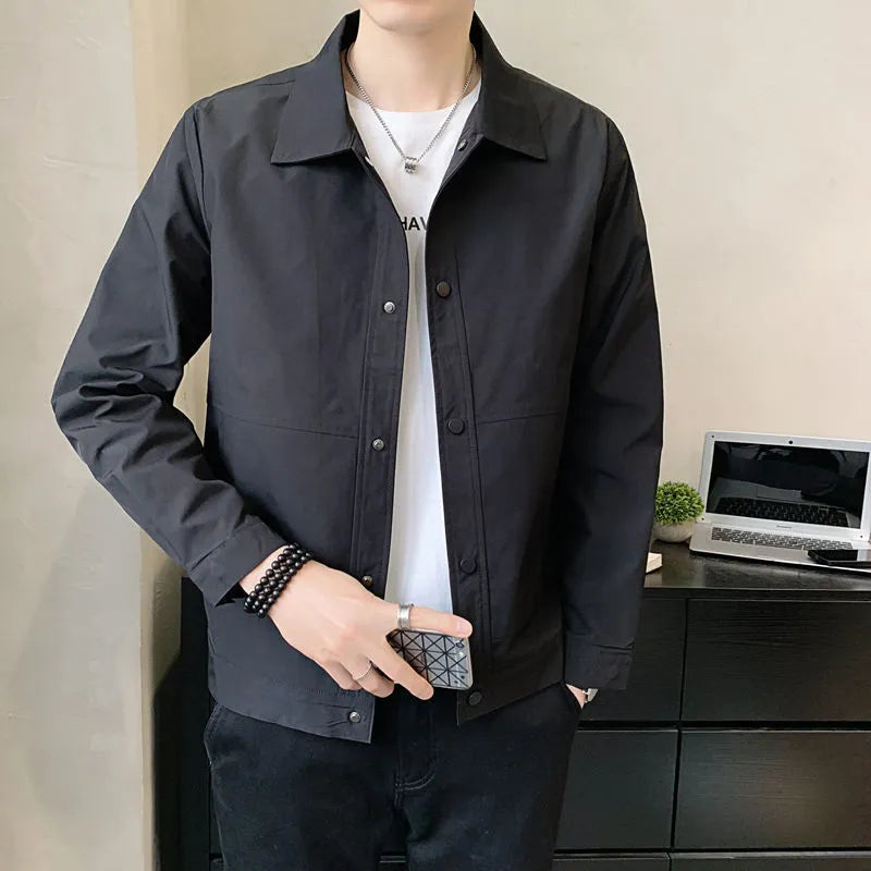 Korean style thin single-layer men's jacket in grey, showing long sleeves and front zip.