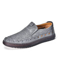 Men's brown leather slip-on casual shoes with round toe and flat PVC sole