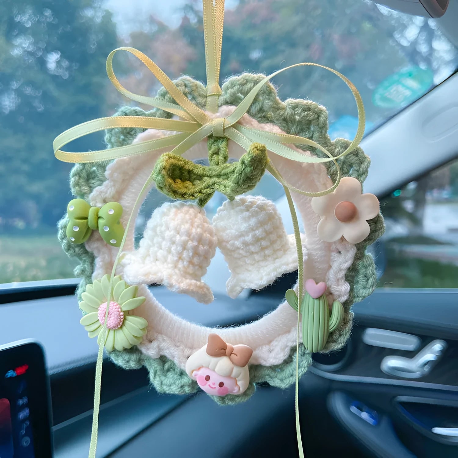 Woven wool bell orchid car hanger pendant in green colour with dream catcher accessory