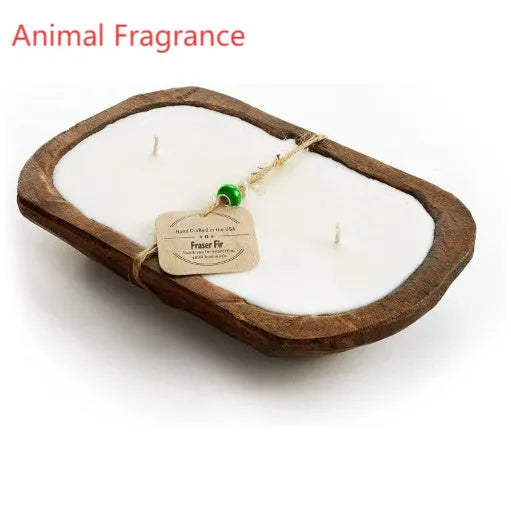Retro lavender wooden basin containing a soy wax aromatherapy candle with a three-lamp wick.