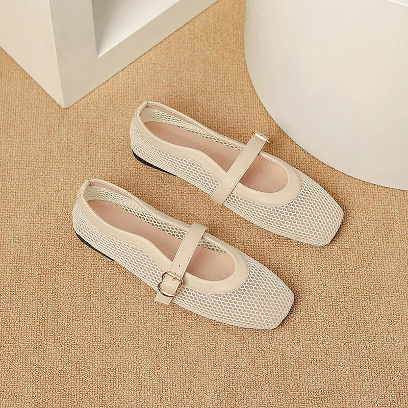 Women's black mesh summer shoes with square toe, low heel, and buckle fastening